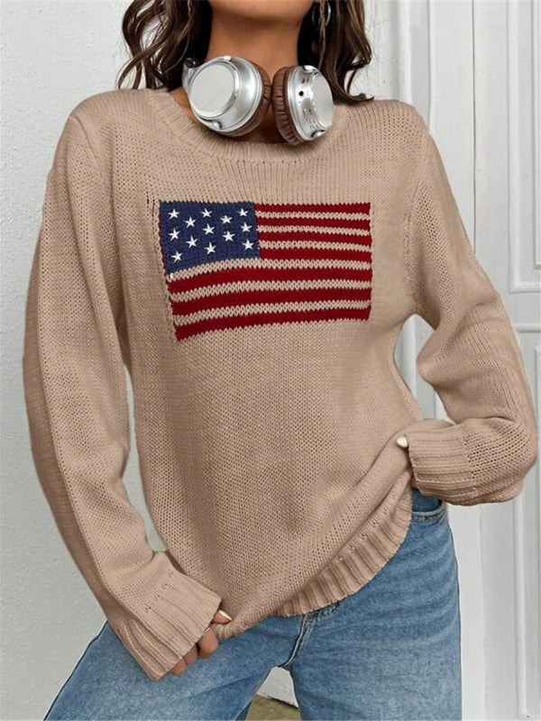 Patriotic Sweater- Patriotic Sweater with American Flag Print- Khaki- IndioGear Clothing and Gear