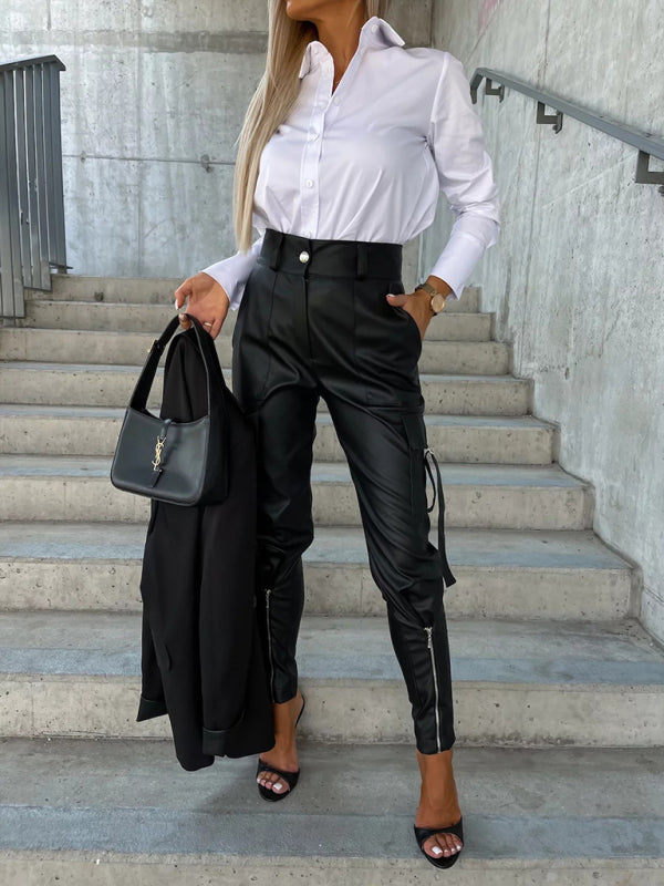 Pencil Pants- High Waist Pencil Flap Zip-Up Pants in Faux Leather- - IndioGear Fashion and Gear