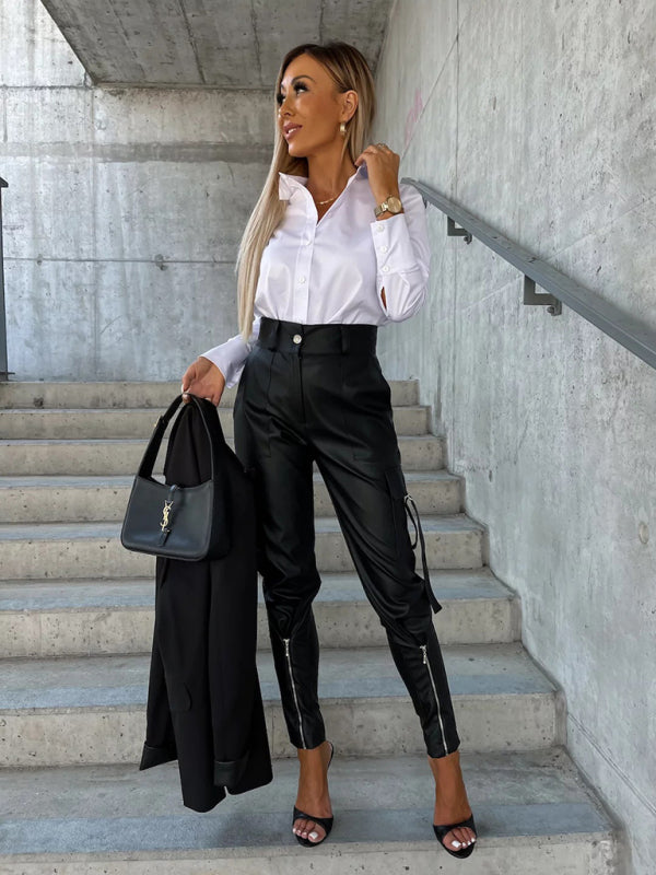 Pencil Pants- High Waist Pencil Flap Zip-Up Pants in Faux Leather- - IndioGear Fashion and Gear