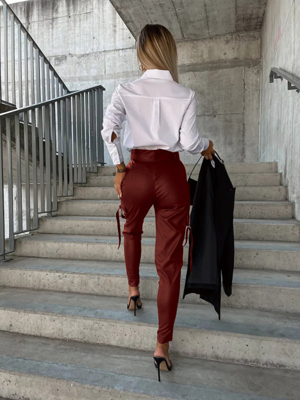 Pencil Pants- High Waist Pencil Flap Zip-Up Pants in Faux Leather- - IndioGear Fashion and Gear