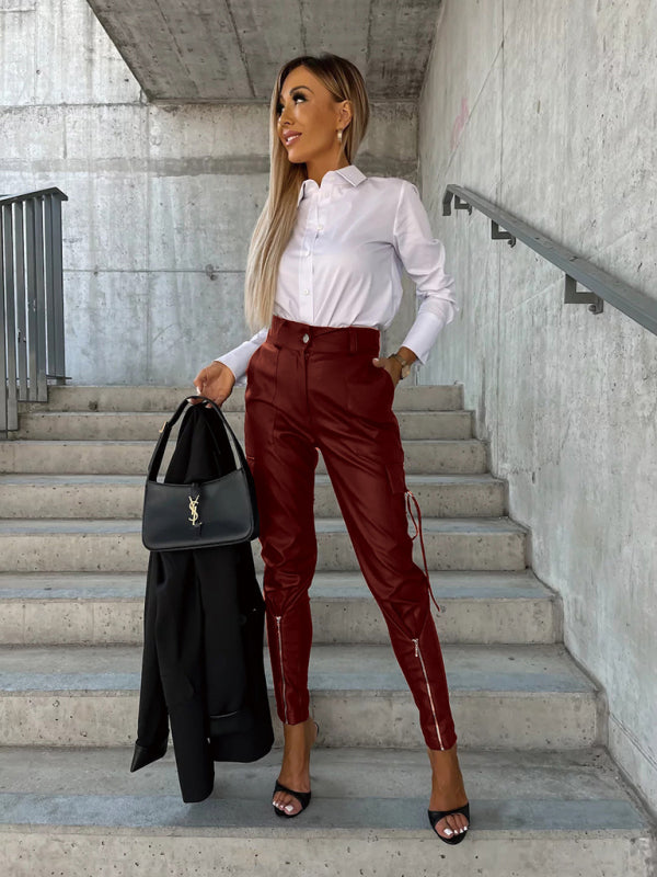 Pencil Pants- High Waist Pencil Flap Zip-Up Pants in Faux Leather- - IndioGear Fashion and Gear