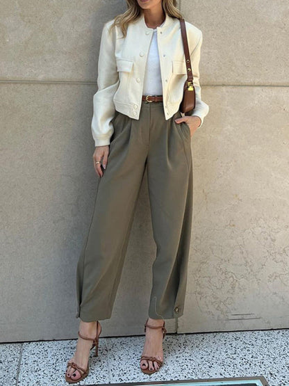 Pencil Pants- Women's Solid High-Waisted Pencil Pants for Business Casual Looks- Olive green- IndioGear Fashion and Gear