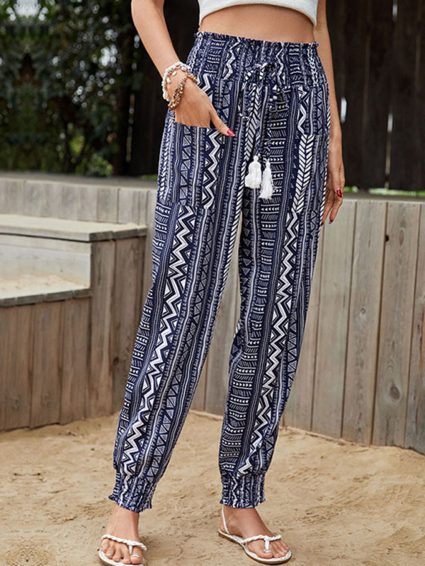 Pencil Pants- Women's Tribal Print Pants - High Smocked-Waist Summer Pencil Trousers- Blue- IndioGear Fashion and Gear