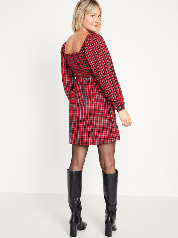 Plaid Dresses- Square Neck A-Line Dress in Festive Plaid with Pockets- - IndioGear Clothing and Gear