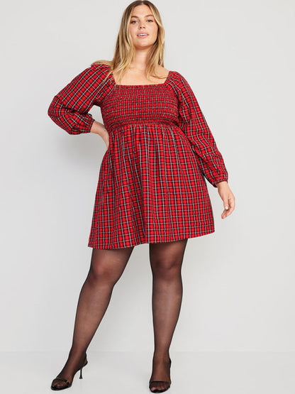 Plaid Dresses- Square Neck A-Line Dress in Festive Plaid with Pockets- - IndioGear Clothing and Gear