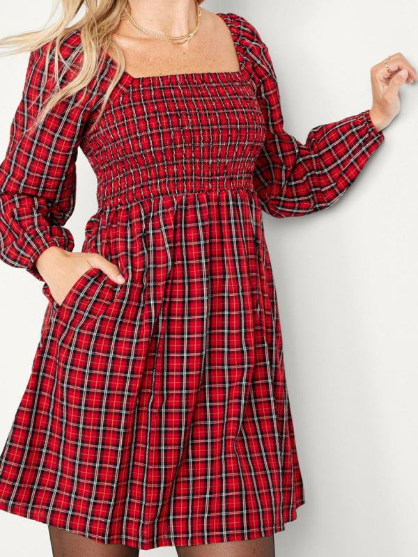 Plaid Dresses- Square Neck A-Line Dress in Festive Plaid with Pockets- - IndioGear Clothing and Gear