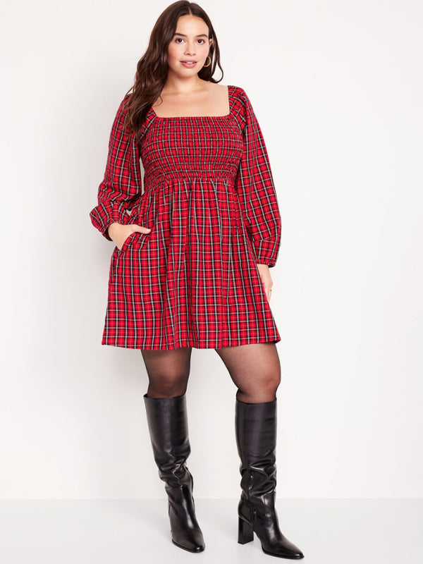 Plaid Dresses- Square Neck A-Line Dress in Festive Plaid with Pockets- - IndioGear Clothing and Gear