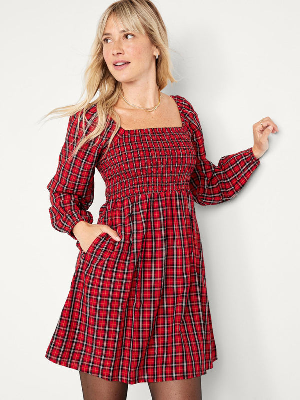 Plaid Dresses- Square Neck A-Line Dress in Festive Plaid with Pockets- Red- IndioGear Clothing and Gear