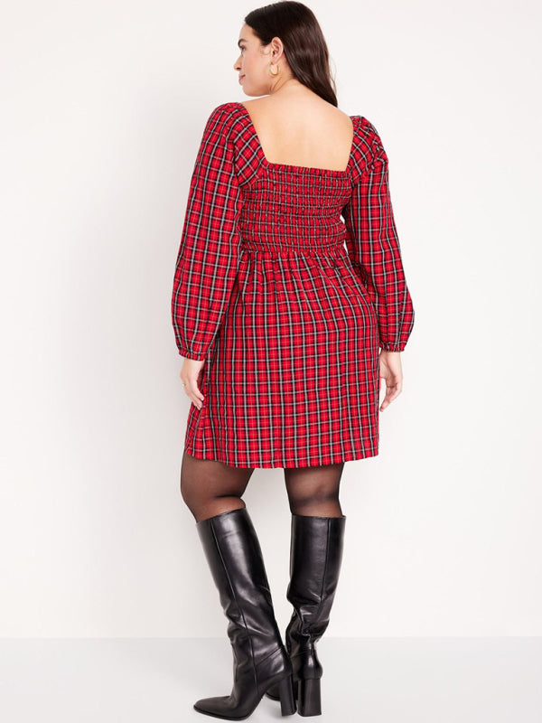 Plaid Dresses- Square Neck A-Line Dress in Festive Plaid with Pockets- - IndioGear Clothing and Gear