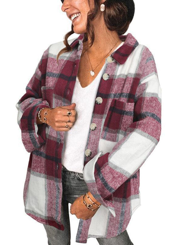 Plaid Jackets- Fall- Winter Plaid Jacket - Shirt Shacket- Wine Red- IndioGear Fashion and Gear