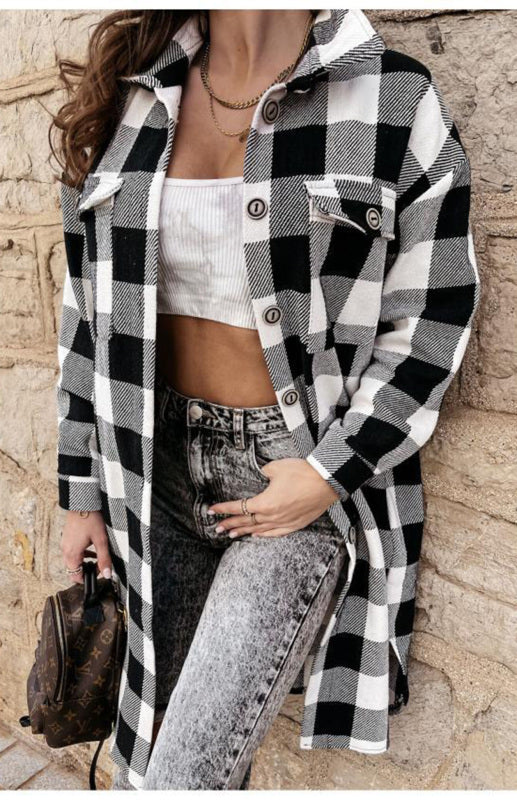 Plaid Jackets- Plaid Long Shirt Jacket- Black- IndioGear Fashion and Gear