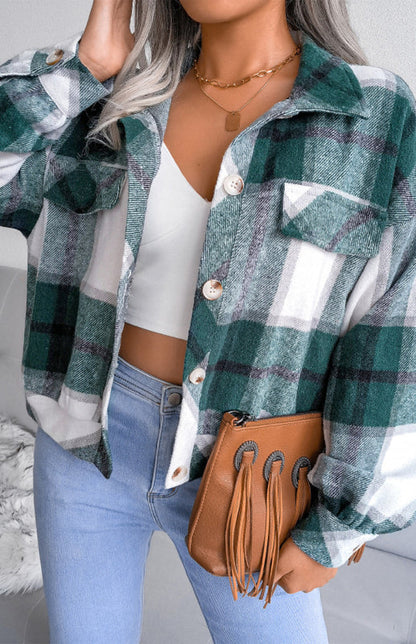 Plaid Jackets- Plaid Tweed Crop Jacket- - IndioGear Fashion and Gear