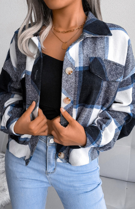 Plaid Jackets- Plaid Tweed Crop Jacket- - IndioGear Fashion and Gear