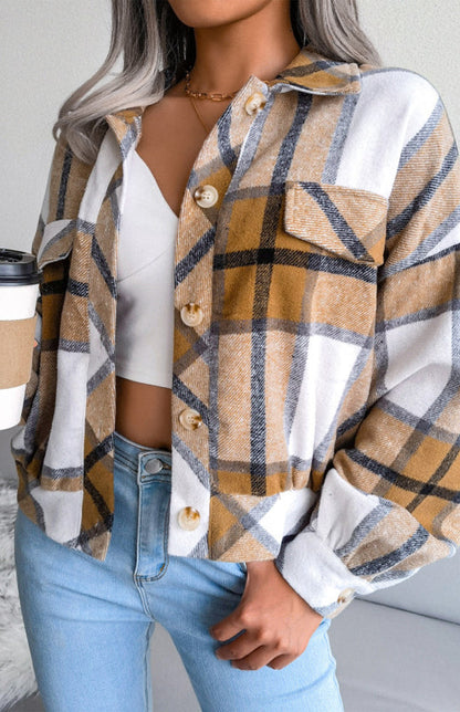 Plaid Jackets- Plaid Tweed Crop Jacket- - IndioGear Fashion and Gear