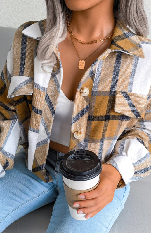 Plaid Jackets- Plaid Tweed Crop Jacket- - IndioGear Fashion and Gear