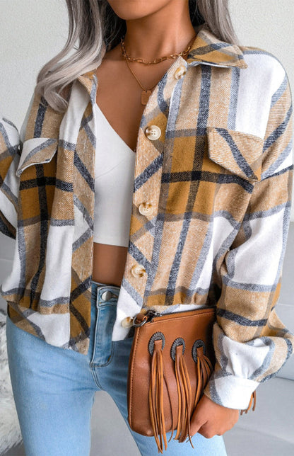 Plaid Jackets- Plaid Tweed Crop Jacket- - IndioGear Fashion and Gear