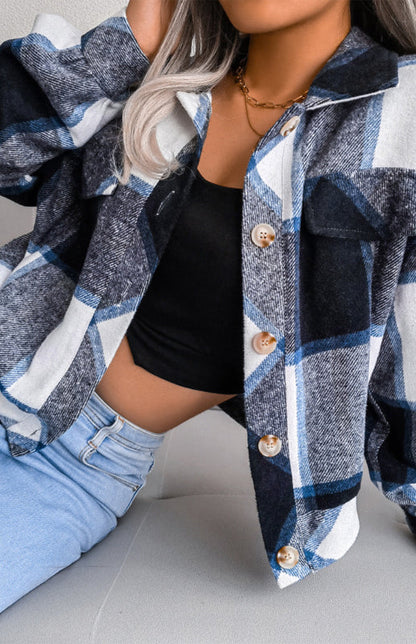 Plaid Jackets- Plaid Tweed Crop Jacket- - IndioGear Fashion and Gear