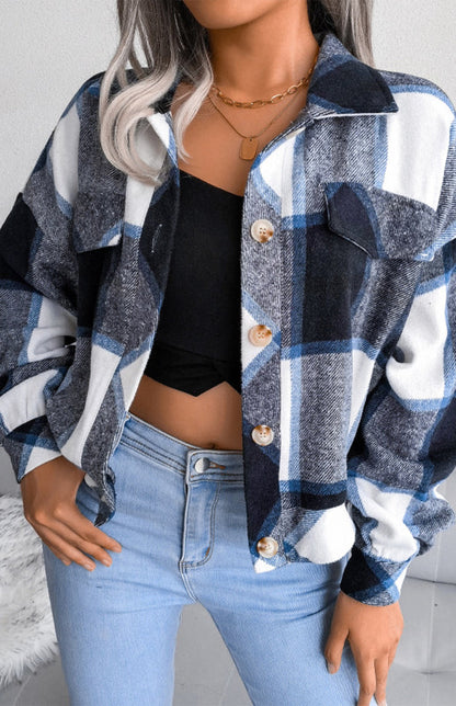 Plaid Jackets- Plaid Tweed Crop Jacket- - IndioGear Fashion and Gear