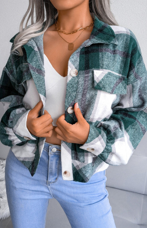 Plaid Jackets- Plaid Tweed Crop Jacket- Green- IndioGear Fashion and Gear