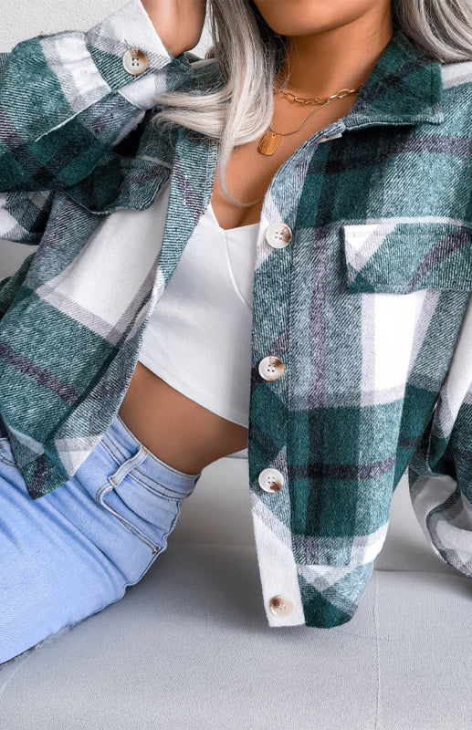 Plaid Jackets- Plaid Tweed Crop Jacket- - IndioGear Fashion and Gear