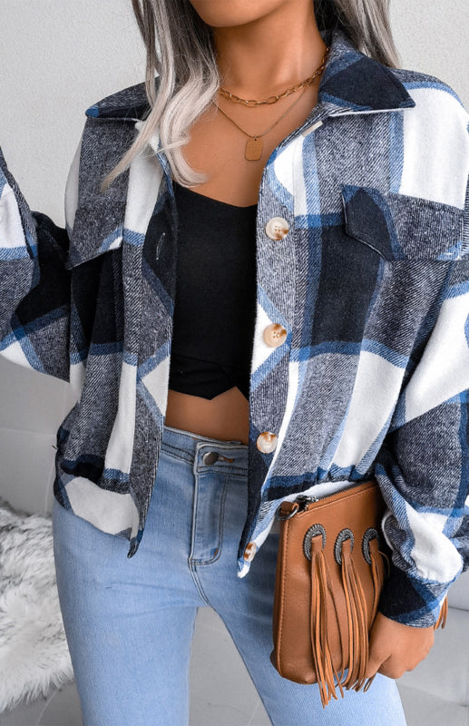 Plaid Jackets- Plaid Tweed Crop Jacket- Navy blue- IndioGear Fashion and Gear