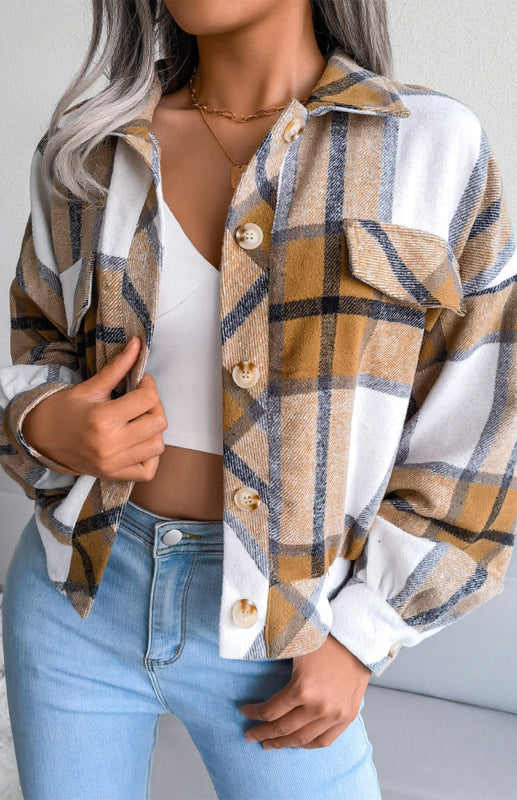 Plaid Jackets- Plaid Tweed Crop Jacket- Khaki- IndioGear Fashion and Gear