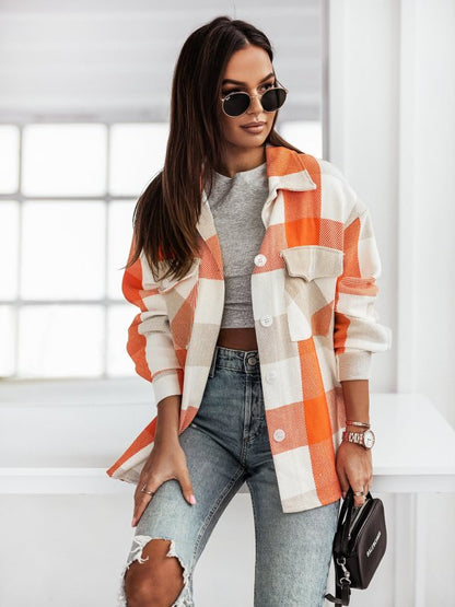 Plaid Jackets- Plaid Wool Button Jacket Overshirt- Orange- IndioGear Fashion and Gear