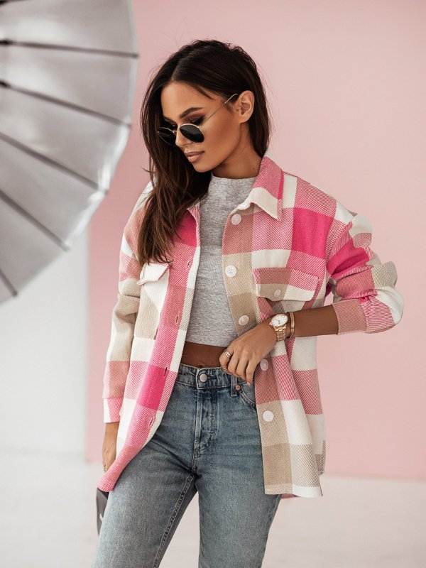 Plaid Jackets- Plaid Wool Button Jacket Overshirt- Pink- IndioGear Fashion and Gear