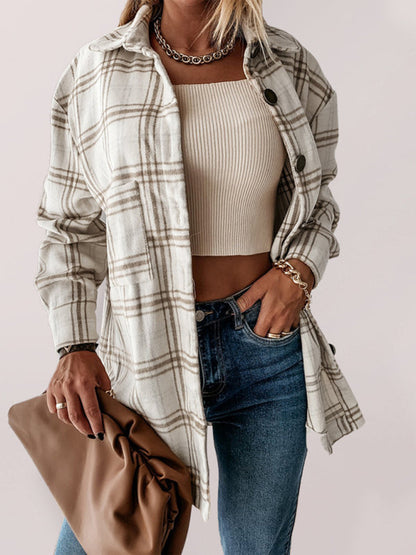 Plaid Jackets- Tan Plaid Cotton Mid Length Shirt Jacket- Cream- IndioGear Fashion and Gear