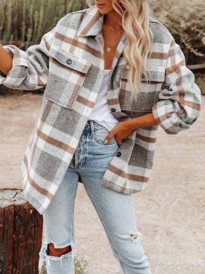 Plaid Shackets- Oversized Plaid Jacket with Big Flap Pockets- - IndioGear Fashion and Gear