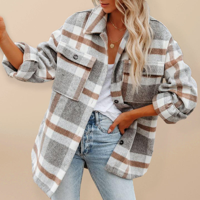 Plaid Shackets- Oversized Plaid Jacket with Big Flap Pockets- Khaki plaid- IndioGear Fashion and Gear