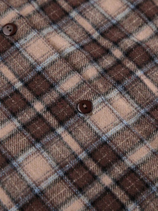 Fall Cotton Blend Plaid Shacket in Vintage Tan - Mid-Length Shirt