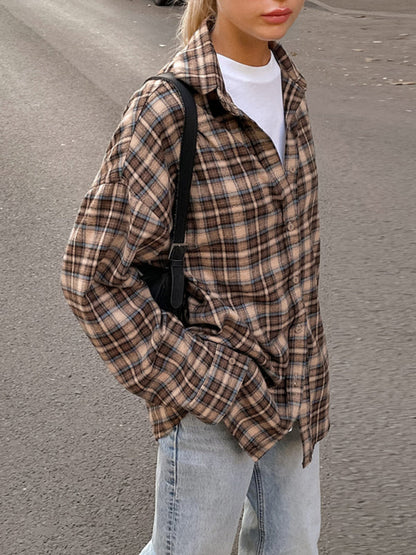 Veste d'automne à carreaux en mélange de coton en beige vintage - Chemise mi-longue