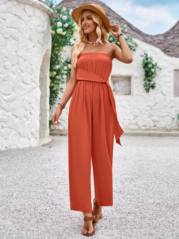 Playsuits- Belted Tube Playsuit - Solid Strapless Jumpsuit- - IndioGear Fashion and Gear