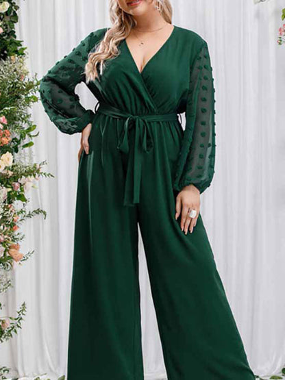 Playsuits- Elegant Full-Length Surplice V-Neck Jumpsuit - Belted Wide-Length Playsuit- Green- IndioGear Fashion and Gear