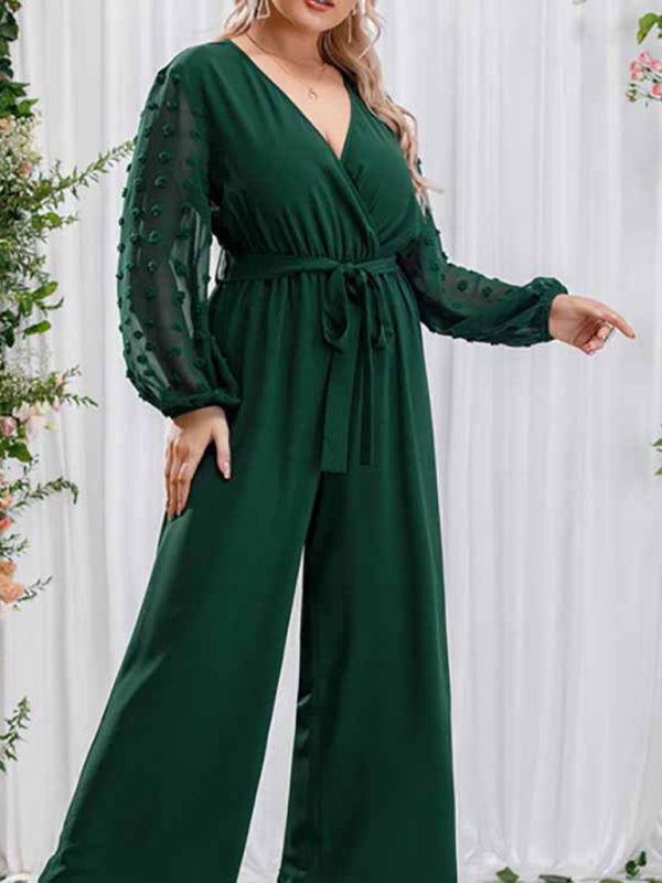 Playsuits- Elegant Full-Length Surplice V-Neck Jumpsuit - Belted Wide-Length Playsuit- - IndioGear Fashion and Gear