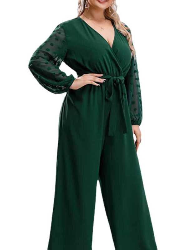 Playsuits- Elegant Full-Length Surplice V-Neck Jumpsuit - Belted Wide-Length Playsuit- - IndioGear Fashion and Gear