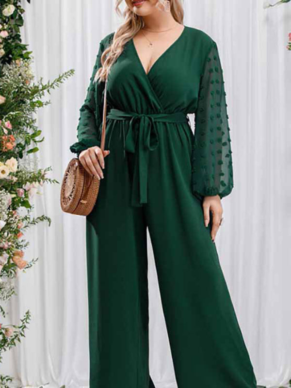 Playsuits- Elegant Full-Length Surplice V-Neck Jumpsuit - Belted Wide-Length Playsuit- - IndioGear Fashion and Gear