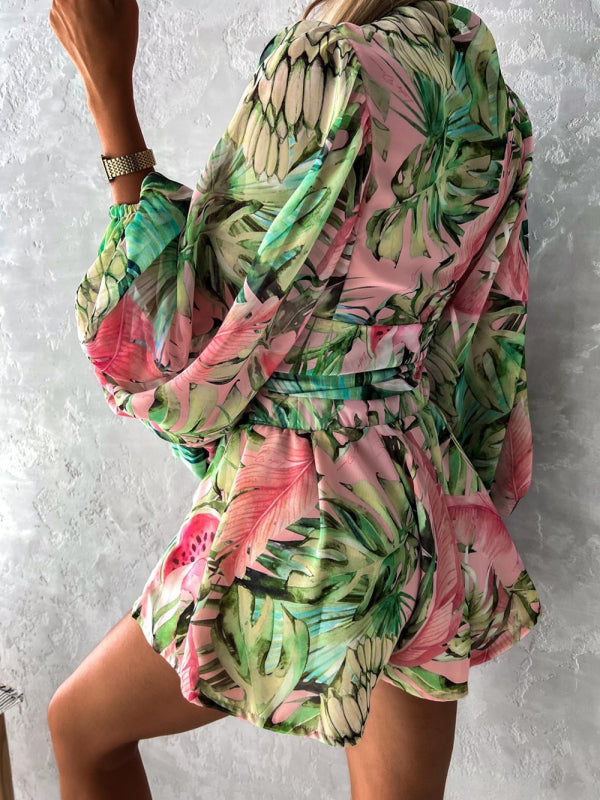 Playsuits- Floral Print Balloon Sleeve Belted Short Playsuit - Surplice Wide-Leg Romper- - IndioGear Fashion and Gear