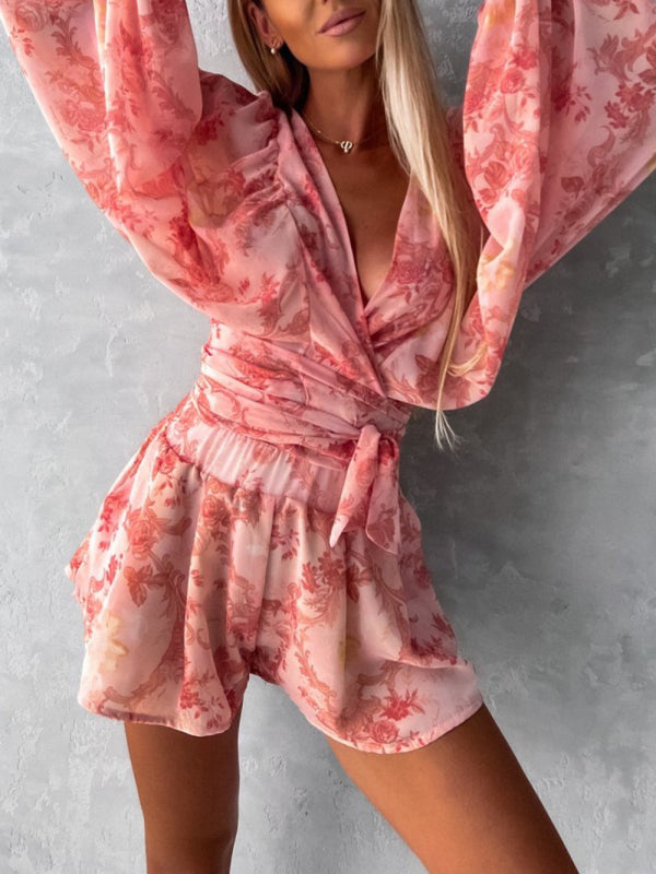 Playsuits- Floral Print Balloon Sleeve Belted Short Playsuit - Surplice Wide-Leg Romper- - IndioGear Fashion and Gear