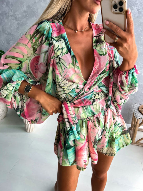 Playsuits- Floral Print Balloon Sleeve Belted Short Playsuit - Surplice Wide-Leg Romper- - IndioGear Fashion and Gear