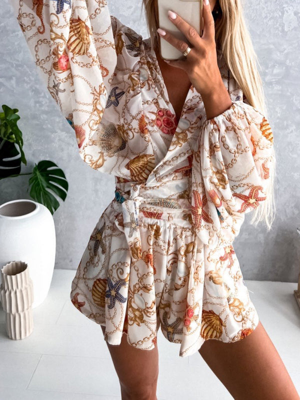 Playsuits- Floral Print Balloon Sleeve Belted Short Playsuit - Surplice Wide-Leg Romper- - IndioGear Fashion and Gear