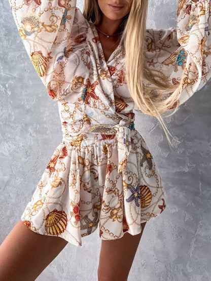 Playsuits- Floral Print Balloon Sleeve Belted Short Playsuit - Surplice Wide-Leg Romper- - IndioGear Fashion and Gear