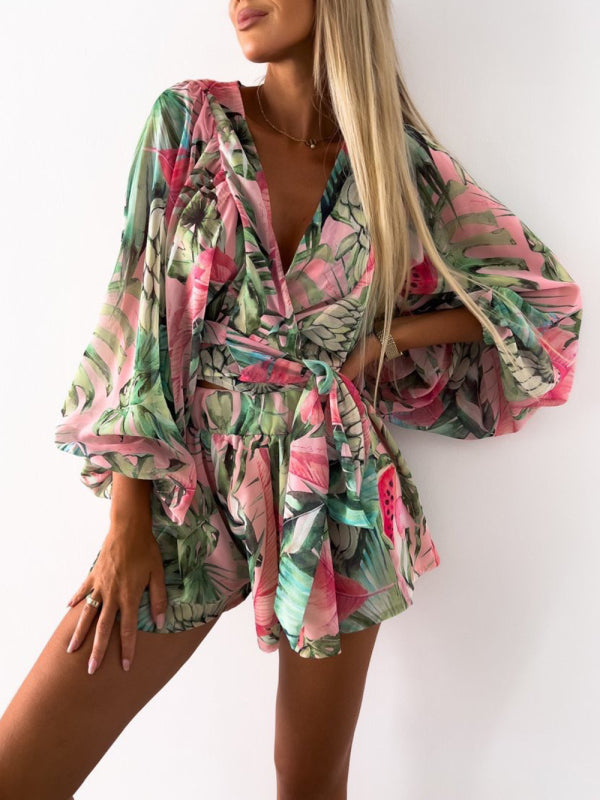 Playsuits- Floral Print Balloon Sleeve Belted Short Playsuit - Surplice Wide-Leg Romper- - IndioGear Fashion and Gear