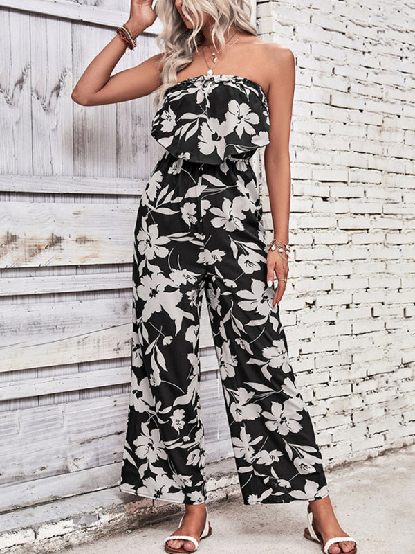 Playsuits- Floral Wide-Leg Strapless Jumpsuit | Tube Top Pantsuit- Black- IndioGear Fashion and Gear