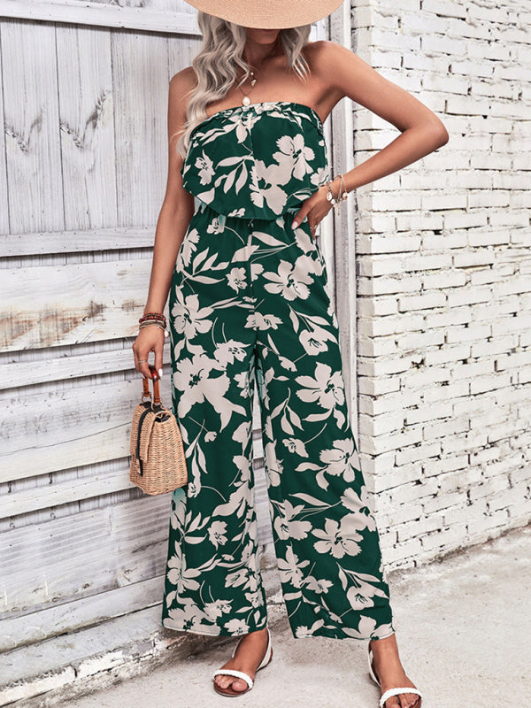 Playsuits- Floral Wide-Leg Strapless Jumpsuit | Tube Top Pantsuit- - IndioGear Fashion and Gear