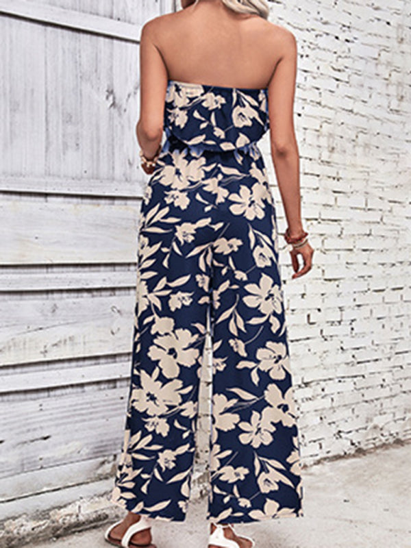 Playsuits- Floral Wide-Leg Strapless Jumpsuit | Tube Top Pantsuit- - IndioGear Fashion and Gear