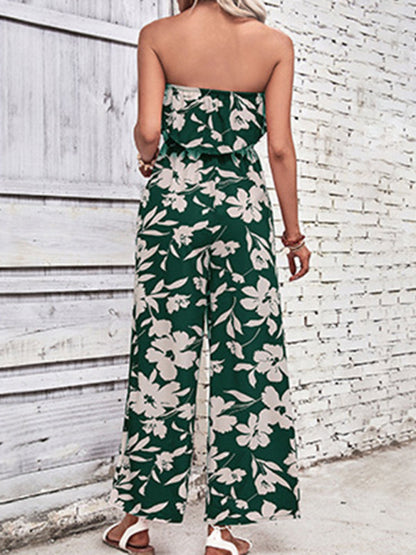 Playsuits- Floral Wide-Leg Strapless Jumpsuit | Tube Top Pantsuit- - IndioGear Fashion and Gear