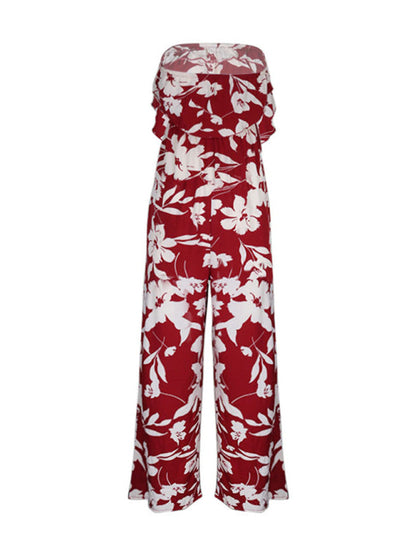 Playsuits- Floral Wide-Leg Strapless Jumpsuit | Tube Top Pantsuit- - IndioGear Fashion and Gear