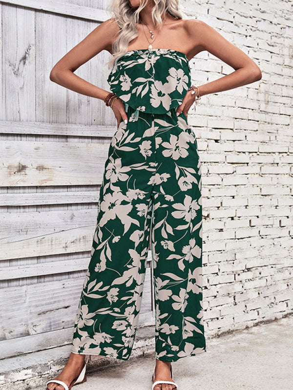 Playsuits- Floral Wide-Leg Strapless Jumpsuit | Tube Top Pantsuit- - IndioGear Fashion and Gear